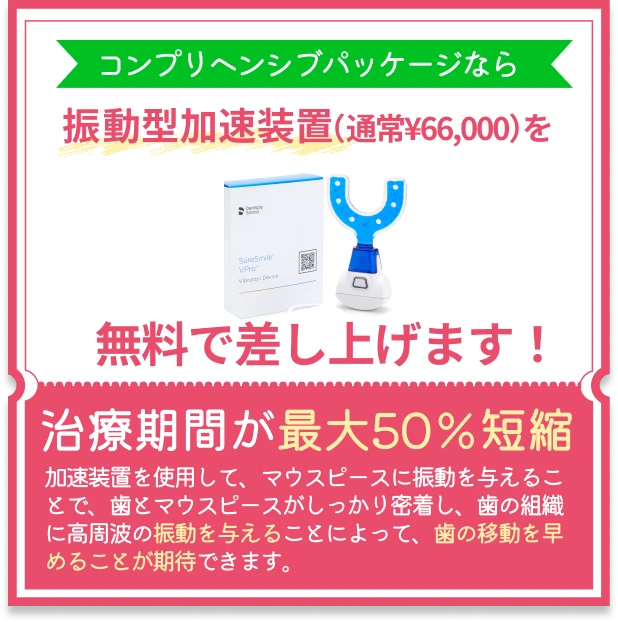 コンプリヘンシブパッケージなら振動型加速装置(通常¥66,000)を無料で差し上げます